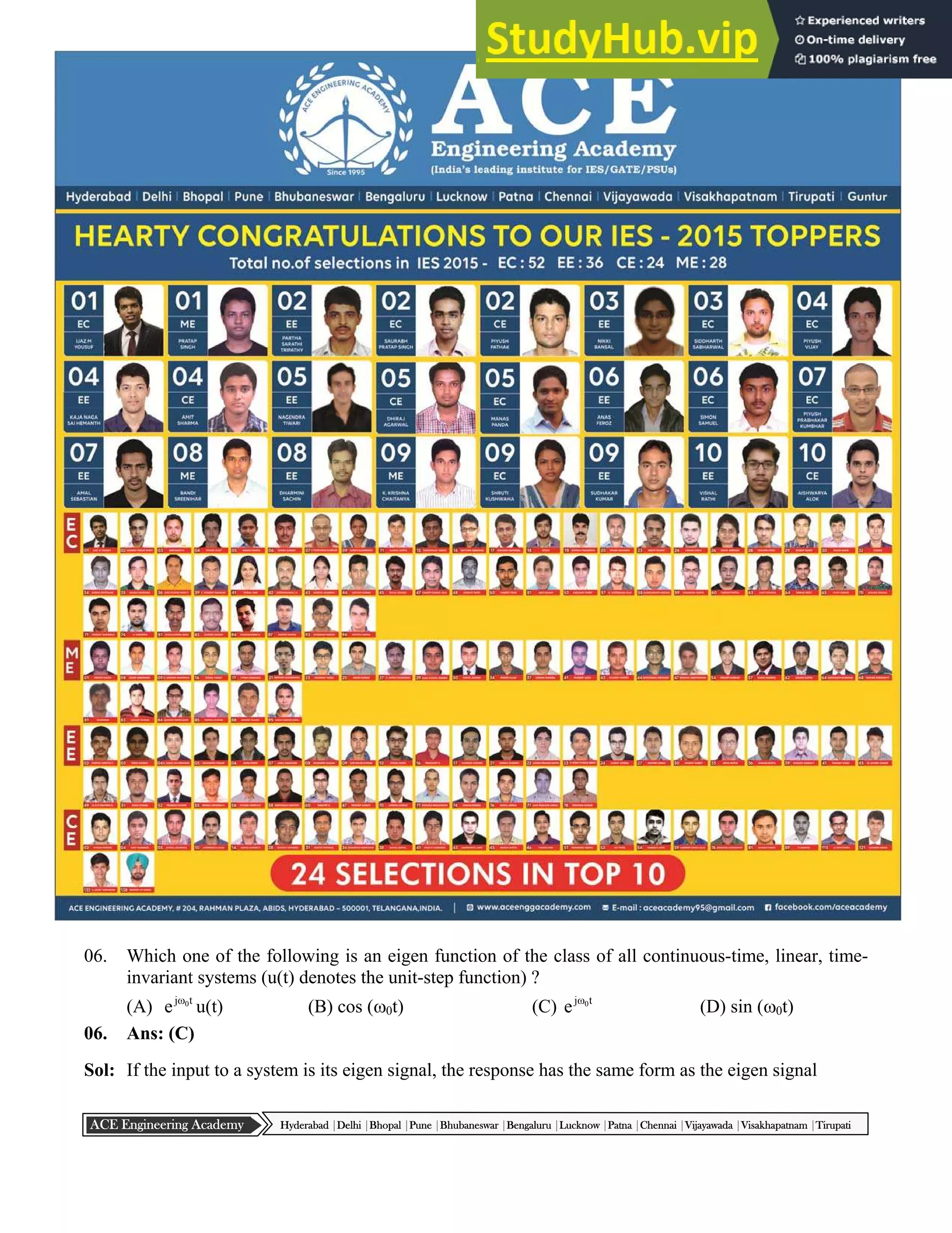 : 9 : Questions & Solutions
Hyderabad |Delhi |Bhopal |Pune |Bhubaneswar |Bengaluru |Lucknow |Patna |Chennai |Vijayawada |Visakhapatnam |Tirupati
ACE Engineering Academy
06. Which one of the following is an eigen function of the class of all continuous-time, linear, time-
invariant systems (u(t) denotes the unit-step function) ?
(A) t
j 0
e 
u(t) (B) cos (0t) (C) t
j 0
e 
(D) sin (0t)
06. Ans: (C)
Sol: If the input to a system is its eigen signal, the response has the same form as the eigen signal
 