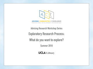 Advising Research Workshop Series
Exploratory Research Process:
What do you want to explore?
Summer 2018
 