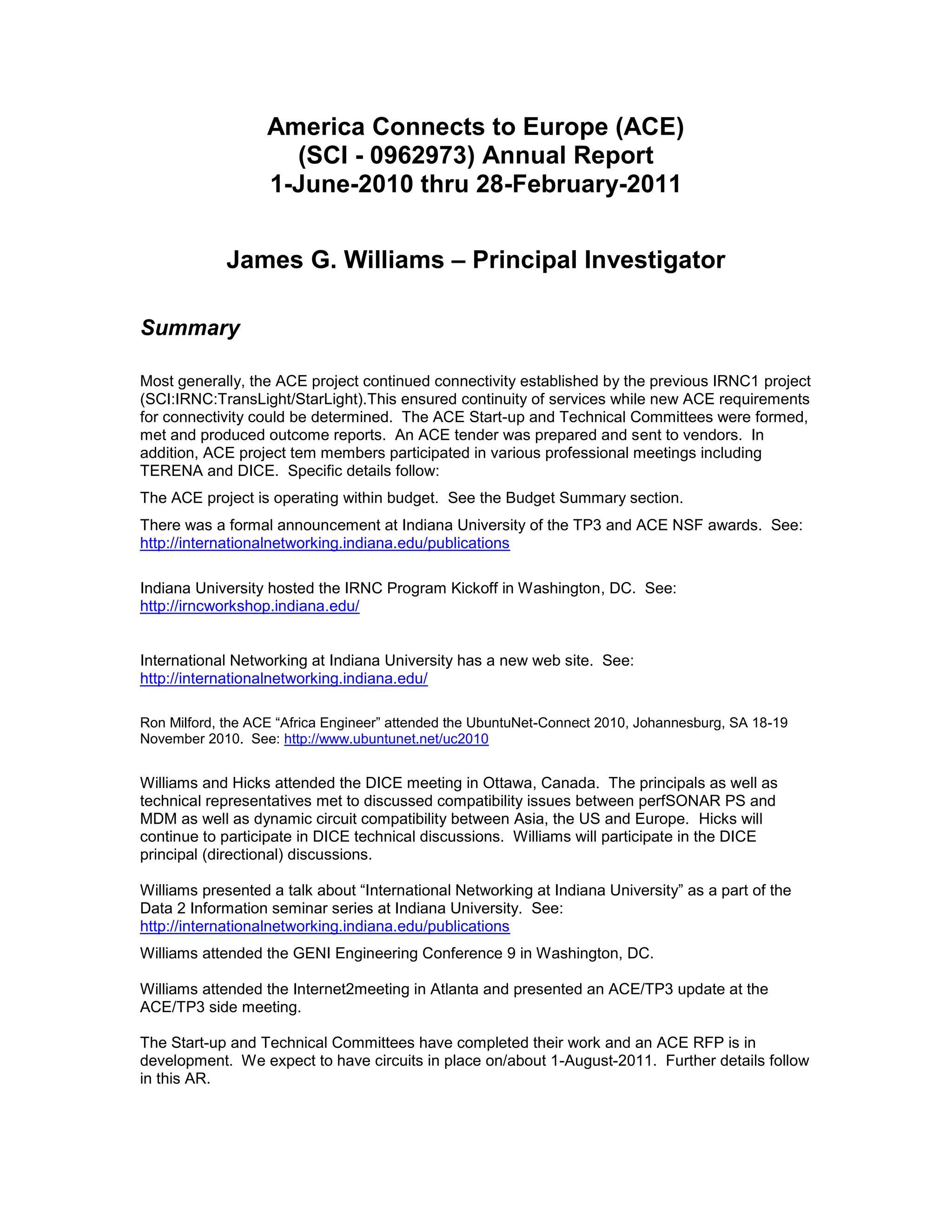 ACE 2010 NSF Annual Report DOCX Business Business and Finance