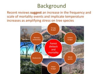 Background
Recent reviews suggest an increase in the frequency and
scale of mortality events and implicate temperature
increases as amplifying stress on tree species
Forest
dieback
and
mortality
Energy
Budget
Carbon
budget
Wood
quality
Water
budget
Biodiversity
Biomass
production
 