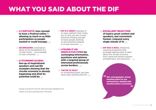 10DIF 2014 ROUND UP REPORT
A FANTASTIC new concept
to have a Festival online —
allowing as much or as little
participation as people
wanted or could manage.
AN ENGAGING conversation
about all the possibilities of a
circular future — all accessible
on your computer.
A STUNNING GLOBAL
line-up of inspirational
speakers and real life
examples showing that the
circular economy is already
happening and what its
potential could be.
DIF IS A GREAT example of
an open platform that invites
you to dive into the circular
economy thinking and get
to know people working
on the transition towards
a circular economy.
I FOUND IT AN
INNOVATIVE FORM for
exchanging information,
questions and opinions
with a targeted group of
interested professionals
across borders.
THE DIF IS TRULY
an outstanding event, we have
never seen anything like this.
EXCELLENT SELECTION
of topics; great content and
speakers; and convenient
format. I enjoyed every
single minute of it!
DIF WAS A RICH, interactive,
inspiring programme that
provided opportunities to learn
about the circular economy
from varied and diverse experts,
entrepreneurs, and educators.
WHAT YOU SAID ABOUT THE DIF
Quotes sourced from the DIF 2014 participant feedback form.
Thanks to all who submitted their comments.
DIF, unforgettable virtual
meeting point for any
entrepreneur dealing with
transformative economies.
 