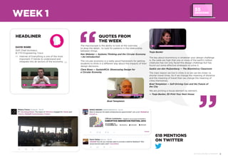 4DIF 2014 ROUND UP REPORT
HEADLINER
DAVID WARD
SVP, Chief Architect,
& CTO-Engineering, Cisco
Internet of Everything is one of the most
important IT trends to understand and
integrate into all sectors of the economy.
Tosja Backer
Brad Templeton
The key about biomimicry is whatever your design challenge
is, the odds are high that one or more of the earth’s million
creatures has not only faced this design challenge but has
found out some effective strategies to solve it.
Saskia van den Muijsenberg — The Biomimicry Classroom
The main reason we live in cities is so we can be closer i.e.
shorter travel times. So if we change the meaning of distance
and the meaning of travel then we change the meaning of
cities themselves.
Brad Templeton — Self-Driving Cars and the Future of
the City
We are printing a house element by element.
— Tosja Backer, 3D Print Your Next House
The macroscope is the ability to look at the overview,
to drop the detail... to look for patterns in the relationship
between things.
Ken Webster — Systems Thinking and the Circular Economy
—An Introduction
The circular economy is a really good framework for getting
students to think in a different way about the impacts of their
design decisions.
Clare Brass — SustainRCA: Showcasing Design for
a Circular Economy
QUOTES FROM
THE WEEK
WEEK 1
618 MENTIONS
ON TWITTER
55
SESSIONS
 