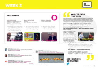 6DIF 2014 ROUND UP REPORT
For the first time in a couple of millennia western civilisation has
started to understand reality through a different lens, so rather
than seeing the world as a hierarchical ordered series of objects,
we’re starting to see reality as being in a state of permanent flux.
Rachel Armstrong — Perspectives on the Future of the City
There’s something about this moment in time when people have
become more conscious of resources and they also have an
energy to renew and improve their cities.
Paul Smyth, Dalston CityFarm — What Does The Future Hold for
Urban Farming?
We’re moving from an old
mode of operation to a
new mode of operation,
the old mode where we’ve
been previously harvesting
resources that were plentiful
and cheap to one where we
are managing resources that
are scarce and valuable.
James Bradfield Moody
— Unleashing the Sixth Wave of Innovation
Ultimately the pedagogy of teardown labs is to work
out how these products have been designed badly and
work out how we can improve the design and make
it better.
Steve Parkinson — Transforming D&T Education
Things get very exciting when you connect
manufacturers to their end of life products.
Rich Gilbert — TU Delft Session 1 : Pioneers of Design
HEADLINERS
MARK MIODOWNIK
Professor of Materials & Society
and Director of the Institute
of Making at University College
London (UCL)
There’s this even greater need
now for this more holistic view
of designing and building and
then re-making objects.
ELLEN MACARTHUR
Founder,
Ellen MacArthur Foundation
The system within which we
live is not currently designed
to run in the long-term.
SIR KEN ROBINSON
Author and Educator
The great driver of human
culture is creative thinking
and innovation.
WEEK 3
880 MENTIONS
ON TWITTER
QUOTES FROM
THE WEEK
86
SESSIONS
 