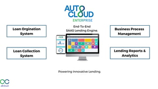 End-To-End
SAAS Lending Engine.
Powering Innovative Lending.
Loan Orgination
System
Business Process
Management
Loan Collection
System
Lending Reports &
Analytics
 