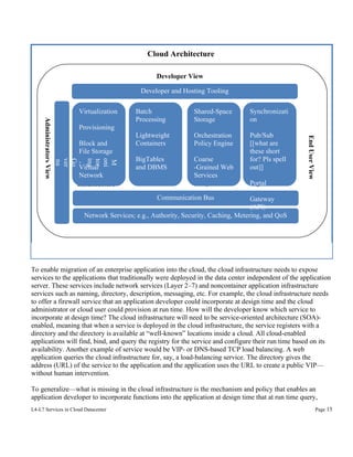 Cloud Architecture
Developer View
Developer and Hosting Tooling
Virtualization
M
oni
tor
ing
,
Go
ver
na
nc
Administrators View
e
To
oli
ng

Batch
Processing

Shared-Space
Storage

Synchronizati
on

Lightweight
Containers

Orchestration
Policy Engine

BigTables
and DBMS

Coarse
-Grained Web
Services
Composition

Pub/Sub
[[what are
these short
for? Pls spell
out]]

Provisioning

Virtual
Network
Infrastructure

Run Time Env

End User View

Block and
File Storage

Edge Services
Portal

Communication Bus

Gateway
(API)
Network Services; e.g., Authority, Security, Caching, Metering, and QoS

To enable migration of an enterprise application into the cloud, the cloud infrastructure needs to expose
services to the applications that traditionally were deployed in the data center independent of the application
server. These services include network services (Layer 2–7) and noncontainer application infrastructure
services such as naming, directory, description, messaging, etc. For example, the cloud infrastructure needs
to offer a firewall service that an application developer could incorporate at design time and the cloud
administrator or cloud user could provision at run time. How will the developer know which service to
incorporate at design time? The cloud infrastructure will need to be service-oriented architecture (SOA)enabled, meaning that when a service is deployed in the cloud infrastructure, the service registers with a
directory and the directory is available at “well-known” locations inside a cloud. All cloud-enabled
applications will find, bind, and query the registry for the service and configure their run time based on its
availability. Another example of service would be VIP- or DNS-based TCP load balancing. A web
application queries the cloud infrastructure for, say, a load-balancing service. The directory gives the
address (URL) of the service to the application and the application uses the URL to create a public VIP—
without human intervention.
To generalize—what is missing in the cloud infrastructure is the mechanism and policy that enables an
application developer to incorporate functions into the application at design time that at run time query,
L4-L7 Services in Cloud Datacenter

Page 15

 