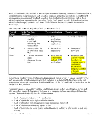(PaaS; code mobility), and software as a service (SaaS; remote computing). These service models appeal to
some applications more than others. IaaS appeals to large data-computing applications oriented toward
science, engineering, and analytics. PaaS appeals to thin-client computing applications such as those
oriented toward desktop-productivity computing. Finally, SaaS appeals to easily deployed applications
oriented to business processes and workflows. Table 5 lists the three service models and the main
stakeholders.
Table 5 Cloud Service Models, Target Applications, and Main Stakeholders

Type of
Cloud
IaaS

PaaS

SaaS

Main Pain Point
Target Applications
Addressed
• Bidirectional
• HPC
scalability
applications
(elasticity),
• Engineering
availability, and
applications
manageability
• Interoperability for
• Productivity
an application across
applications
OSs
• Anytime, anywhere
• Workflow and
access
[[if acronym,
define]] BPM
• Managing license
applications
cost

Thought Leaders
•

AWS and GoGrid

•

Google and
Force.com

•

Salesforce.com
[[earlier you had
SalesForce as
company name; is
this correct:
SalesForce is
company name but
website is
Salesforce.com?]]

Each of these cloud service models has distinct requirements from a Layer 4–7 service perspective. The
IaaS service model is the least disruptive to SLB evolution. In an IaaS, the SLB is offered to the end
customer as a service and charge is by throughput (MBps). It is the PaaS and SaaS service models that are
disruptive to SLB evolution.
To remain relevant as a mandatory building block for data centers as they adopt the cloud service and
delivery models, current deficiencies of SLB need to be overcome in future generations of the product
category. These deficiencies fall into five main categories:
•
•
•
•
•

Lack of true network (Layer 1–3) virtualization
Lack of support for newer high-availability models
Lack of integration with data center resource-management framework
Lack of semantic understanding beyond a flow
Lack of footprint in the server (real or virtual) (leading to inability to offer service to east-west
traffic)

L4-L7 Services in Cloud Datacenter

Page 18

 