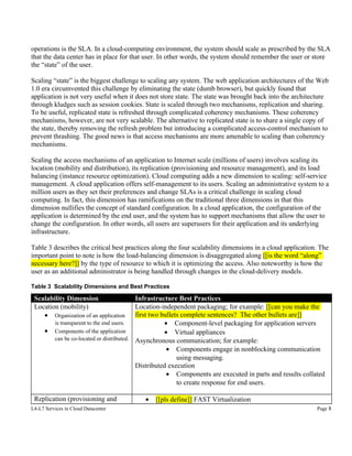 operations is the SLA. In a cloud-computing environment, the system should scale as prescribed by the SLA
that the data center has in place for that user. In other words, the system should remember the user or store
the “state” of the user.
Scaling “state” is the biggest challenge to scaling any system. The web application architectures of the Web
1.0 era circumvented this challenge by eliminating the state (dumb browser), but quickly found that
application is not very useful when it does not store state. The state was brought back into the architecture
through kludges such as session cookies. State is scaled through two mechanisms, replication and sharing.
To be useful, replicated state is refreshed through complicated coherency mechanisms. These coherency
mechanisms, however, are not very scalable. The alternative to replicated state is to share a single copy of
the state, thereby removing the refresh problem but introducing a complicated access-control mechanism to
prevent thrashing. The good news is that access mechanisms are more amenable to scaling than coherency
mechanisms.
Scaling the access mechanisms of an application to Internet scale (millions of users) involves scaling its
location (mobility and distribution), its replication (provisioning and resource management), and its load
balancing (instance resource optimization). Cloud computing adds a new dimension to scaling: self-service
management. A cloud application offers self-management to its users. Scaling an administrative system to a
million users as they set their preferences and change SLAs is a critical challenge in scaling cloud
computing. In fact, this dimension has ramifications on the traditional three dimensions in that this
dimension nullifies the concept of standard configuration. In a cloud application, the configuration of the
application is determined by the end user, and the system has to support mechanisms that allow the user to
change the configuration. In other words, all users are superusers for their application and its underlying
infrastructure.
Table 3 describes the critical best practices along the four scalability dimensions in a cloud application. The
important point to note is how the load-balancing dimension is disaggregated along [[is the word “along”
necessary here?]] by the type of resource to which it is optimizing the access. Also noteworthy is how the
user as an additional administrator is being handled through changes in the cloud-delivery models.
Table 3 Scalability Dimensions and Best Practices

Scalability Dimension
Location (mobility)
• Organization of an application
•

Infrastructure Best Practices
Location-independent packaging; for example: [[can you make the
first two bullets complete sentences? The other bullets are]]
is transparent to the end users.
• Component-level packaging for application servers
Components of the application
• Virtual appliances
can be co-located or distributed. Asynchronous communication; for example:
• Components engage in nonblocking communication
using messaging.
Distributed execution
• Components are executed in parts and results collated
to create response for end users.

Replication (provisioning and
L4-L7 Services in Cloud Datacenter

•

[[pls define]] FAST Virtualization
Page 8

 