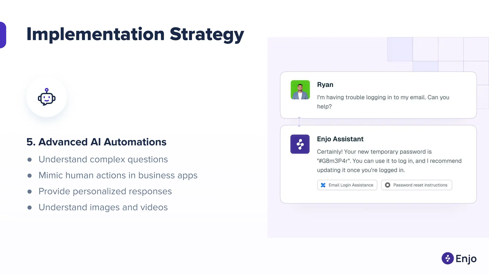 Implementation Strategy
5. Advanced AI Automations
● Understand complex questions
● Mimic human actions in business apps
● Provide personalized responses
● Understand images and videos
 