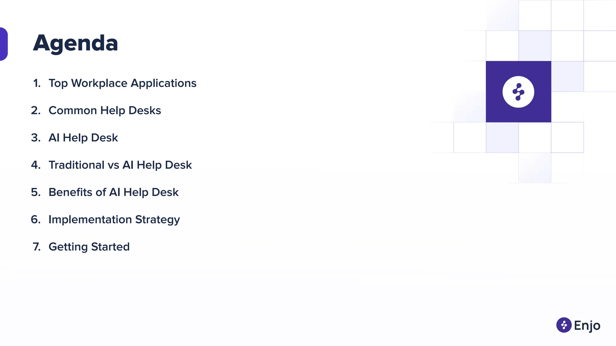 Agenda
1. Top Workplace Applications
2. Common Help Desks
3. AI Help Desk
4. Traditional vs AI Help Desk
5. Beneﬁts of AI Help Desk
6. Implementation Strategy
7. Getting Started
 