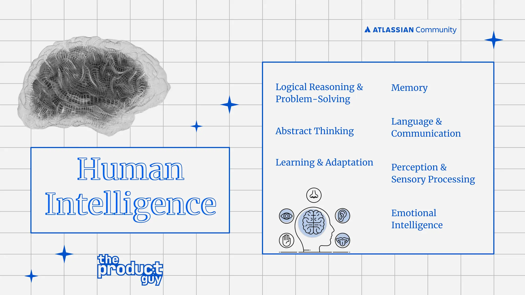 Logical Reasoning &
Problem-Solving
Abstract Thinking
Learning & Adaptation
Memory
Language &
Communication
Perception &
Sensory Processing
Emotional
Intelligence
 