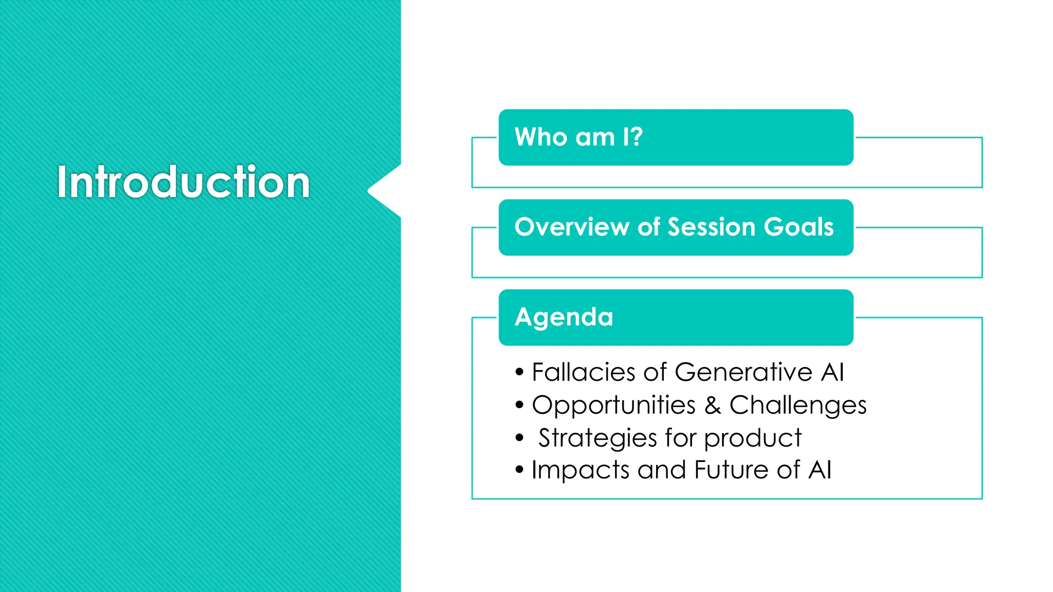 Introduction
Who am I?
Overview of Session Goals
• Fallacies of Generative AI
• Opportunities & Challenges
• Strategies for product
• Impacts and Future of AI
Agenda
 