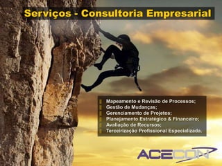 Serviços - Consultoria Empresarial




             ‖   Mapeamento e Revisão de Processos;
             ‖   Gestão de Mudanças;
             ‖   Gerenciamento de Projetos;
             ‖   Planejamento Estratégico & Financeiro;
             ‖   Avaliação de Recursos;
             ‖   Terceirização Profissional Especializada.
 