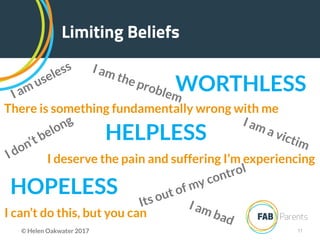 !11
Limiting Beliefs
HELPLESS
WORTHLESS
HOPELESS
© Helen Oakwater 2017
I am useless
I am a victim
There is something fundamentally wrong with me
I don’t belong
I deserve the pain and suffering I’m experiencing
I can’t do this, but you can
Its out of my control
I am bad
I am the problem
 