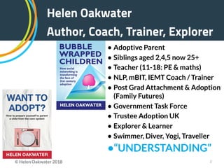 !2
• Adoptive Parent
• Siblings aged 2,4,5 now 25+
• Teacher (11-18: PE & maths)
• NLP, mBIT, IEMT Coach / Trainer
• Post Grad Attachment & Adoption
(Family Futures)
• Government Task Force
• Trustee Adoption UK
• Explorer & Learner
• Swimmer, Diver, Yogi, Traveller
•“UNDERSTANDING”
Helen Oakwater
Author, Coach, Trainer, Explorer
© Helen Oakwater 2018
 