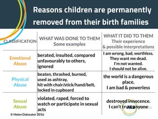 CLASSIFICATION
WHAT WAS DONE TO THEM
Some examples
WHAT IT DID TO THEM
Their experience
& possible interpretations
Emotional
Abuse
berated, insulted, compared
unfavourably to others,
ignored
I am wrong, bad, worthless.
They want me dead.
I’m not wanted.
I should not be alive.
Physical
Abuse
beaten, thrashed, burned,
used as ashtray,
hit with chair/stick/hand/belt,
locked in cupboard
the world is a dangerous
place,
I am bad & powerless
Sexual
Abuse
violated, raped, forced to
watch or participate in sexual
acts
destroyed innocence.
I can’t trust anyone
Reasons children are permanently
removed from their birth families
© Helen Oakwater 2016
 