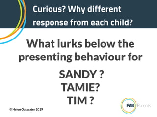 Curious? Why different
response from each child?
What lurks below the
presenting behaviour for
SANDY ?
TAMIE?
TIM ?
© Helen Oakwater 2019
 
