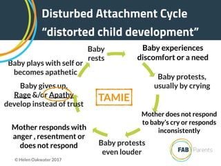 Baby plays with self or
becomes apathetic
Baby protests
even louder
Baby protests,
usually by crying
Mother does not respond
to baby’s cry or responds
inconsistently
Baby experiences
discomfort or a need
Baby gives up.
Rage &/or Apathy
develop instead of trust
Mother responds with
anger , resentment or
does not respond
Baby
rests
Disturbed Attachment Cycle
“distorted child development”
© Helen Oakwater 2017
TAMIE
 