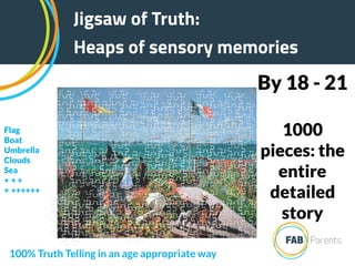 1000
pieces: the
entire
detailed
story
By 18 - 21
Jigsaw of Truth:
Heaps of sensory memories
Jigsaw of Truth:
Heaps of sensory memories
100% Truth Telling in an age appropriate way
Flag
Boat
Umbrella
Clouds
Sea
+ + +
+ ++++++
 