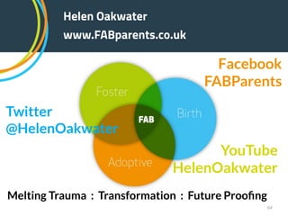 !64
Helen Oakwater
www.FABparents.co.uk
Melting Trauma : Transformation : Future Prooﬁng
Twitter
@HelenOakwater
Facebook
FABParents
YouTube
HelenOakwater
 