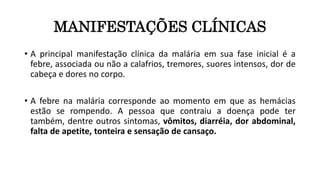 MANIFESTAÇÕES CLÍNICAS
• A principal manifestação clínica da malária em sua fase inicial é a
febre, associada ou não a calafrios, tremores, suores intensos, dor de
cabeça e dores no corpo.
• A febre na malária corresponde ao momento em que as hemácias
estão se rompendo. A pessoa que contraiu a doença pode ter
também, dentre outros sintomas, vômitos, diarréia, dor abdominal,
falta de apetite, tonteira e sensação de cansaço.
 