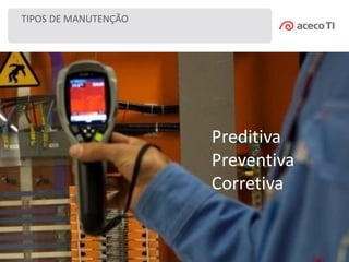 TIPOS DE MANUTENÇÃO
Preditiva
Preventiva
Corretiva
 