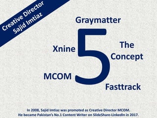 MCOM
Fasttrack
The
Concept
Xnine
Graymatter
In 2008, Sajid Imtiaz was promoted as Creative Director MCOM.
He became Pakistan’s No.1 Content Writer on SlideShare-LinkedIn in 2017.
 