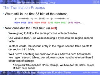 IBM Systems and Technology Group
© 2004 IBM Corporation
04/27/15
z/VM CP Storage Management Education Series19
The Translation Process

We're still in the first 33 bits of the address,
|----0x000---|----0x001----|----0x003----|
0000 0000 0000 0000 0000 0100 0000 0001 1000 0000...

Now consider the RSX field (in red)

We're going to follow the same process with each index

Our value is 0x001, so we're indexing 8 bytes into the region second
table.

In other words, the second entry in the region second table points to
our region third table.

Well here's one thing we do know: as our address here has at least
two region second tables, our address space must have more than 8
petabytes of storage
−
A single R2 table handles 8PB of storage. We have two R2 tables, so one
of them must be full.
 
