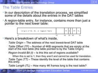 IBM Systems and Technology Group
© 2004 IBM Corporation
04/27/15
z/VM CP Storage Management Education Series23
The Table Entries

In our description of the translation process, we simplified
some of the details about the entries in the DAT tables

A region-table entry, for instance, contains more than just a
pointer to the next lower table:

Here's a breakdown of what's inside,

Table Origin – The address of the next lowest-level DAT table

Table Offset (TF) – Number of 4KB segments that are empty at the
start of the next table (the table pointed to by the Table Origin)

Region-Invalid Bit (I) – Is this this set of regions available?
−
When this is set to 1, then they aren't and cannot be used for translation.

Table Type (TT) – These identify the level of the table that contains
this entry.

Table Length (TL) – How many 4K frames long is the next table?
 