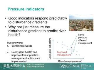 Pressure indicators

• Good indicators respond predictably
  to disturbance gradients
• Why not just measure the
  disturbance gradient to predict river
  health?                                                                Same
                                                                         pressure




                               Ecological indicators
                                                                         different
 Two answers:                                                            management
 1. Sometimes we do

 2. Ecosystem health can                               Improved
    improve if best practice                           management
    management actions are
    implemented                                        Disturbance (pressure)
 