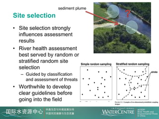 sediment plume

Site selection                                                          found on the EMAP website:
                                                                        (http://www.epa.gov/nheerl/arm/designpages/design&analysis.htm).


                                                                                                  Simple random sampling
• Site selection strongly
  influences assessment
  results
• River health assessment
  best served by random or
                     found on the EMAP website:
                     (http://www.epa.gov/nheerl/arm/designpages/design&analysis.htm).

  stratified random site                     Simple random sampling                             Stratified random sampling
  selection
                                                                                                                                                   strata
      – Guided by classification
        and assessment of threats
• Worthwhile to develop
  clear guidelines before
  going into the field                                   Stratified random sampling            FIGURE 3-1. Examples of two-dimensional probabilistic sampling
                                                                                               designs.


                                                                                               strata
                                                                        Quantifying trends in resource condition is often an important objective for regiona
                                                                        Although there are different approaches for allocating sampling effort over time, o
                                                                        covered in this document: permanent station and serially alternating (Rathbun 1999
                                                                        station approaches use a random sample of n sites that are all sampled during each
 