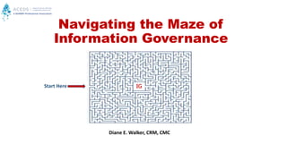 Navigating the Maze of
Information Governance
IGStart Here
Diane E. Walker, CRM, CMC
 
