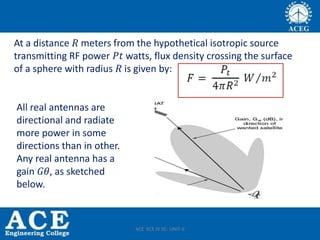 At a distance 𝑅 meters from the hypothetical isotropic source
transmitting RF power 𝑃𝑡 watts, flux density crossing the surface
of a sphere with radius 𝑅 is given by:
All real antennas are
directional and radiate
more power in some
directions than in other.
Any real antenna has a
gain 𝐺𝜃, as sketched
below.
ACE ECE IV SC- UNIT-II
 