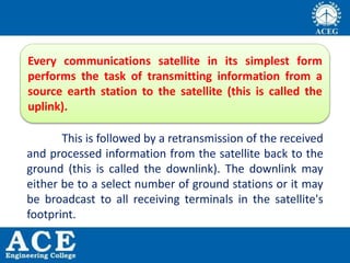 This is followed by a retransmission of the received
and processed information from the satellite back to the
ground (this is called the downlink). The downlink may
either be to a select number of ground stations or it may
be broadcast to all receiving terminals in the satellite's
footprint.
Every communications satellite in its simplest form
performs the task of transmitting information from a
source earth station to the satellite (this is called the
uplink).
 