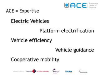 ACE = Expertise Electric Vehicles Platform electrification Vehicle efficiency Vehicle guidance Cooperative mobility 