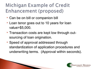  Can be on bill or companion bill
 Loan tenor goes out to 10 years for loan
value>$5,000.
 Transaction costs are kept low through out-
sourcing of loan origination.
 Speed of approval addressed through
standardization of application procedures and
underwriting terms. (Approval within seconds).
 