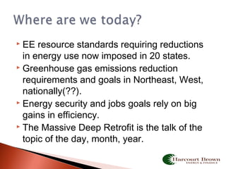  EE resource standards requiring reductions
in energy use now imposed in 20 states.
 Greenhouse gas emissions reduction
requirements and goals in Northeast, West,
nationally(??).
 Energy security and jobs goals rely on big
gains in efficiency.
 The Massive Deep Retrofit is the talk of the
topic of the day, month, year.
 