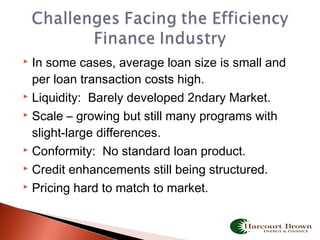  In some cases, average loan size is small and
per loan transaction costs high.
 Liquidity: Barely developed 2ndary Market.
 Scale – growing but still many programs with
slight-large differences.
 Conformity: No standard loan product.
 Credit enhancements still being structured.
 Pricing hard to match to market.
 