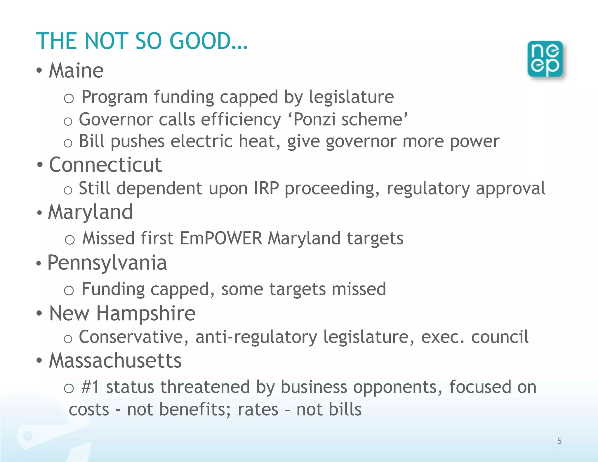 THE NOT SO GOOD…
• Maine
   o Program funding capped by legislature
   o Governor calls efficiency ‘Ponzi scheme’
   o Bill pushes electric heat, give governor more power
• Connecticut
   o Still dependent upon IRP proceeding, regulatory approval
• Maryland
   o Missed first EmPOWER Maryland targets
• Pennsylvania
   o Funding capped, some targets missed
• New Hampshire
   o Conservative, anti-regulatory legislature, exec. council
• Massachusetts
   o #1 status threatened by business opponents, focused on
   costs - not benefits; rates – not bills
                                                                5
 