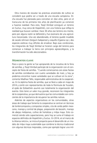 AGRICULTURA Y GANADERÍA SUSTENTABLE 31
Otra manera de rescatar las prácticas ancestrales de cultivo se
consideró que podría ser a través de una escuela campesina. Di­
cha escuela fue planeada para concretar en diez años, pero en el
transcurso de los primeros tres años de planificación ya comenzó
a hacerse realidad. Para esto, Toojil Xíimbal consiguió un terreno
en Suctuc, muy cerca de Hopelchén, con una historia que refleja la
realidad que buscan cambiar. Hace 30 años ese terreno era monte,
pero por alguna razón se deforestó y fue escenario de una agricul­
tura mecanizada. Una vez abandonado, el terreno quedó invadido
de zacate Johnson (Sorgum halepense) y coquillo (Cyperus sp.), dos
especies exóticas muy difíciles de erradicar. Bajo esas condiciones,
los integrantes de Toojil Xíimbal se hicieron cargo del terreno para
comenzar a trabajar la tierra con principios agroecológicos, y la
transformación ha sido aleccionadora.
Momentos clave
Poco a poco la gente se fue apropiando de la iniciativa de la feria
de semillas, y Toojil Xíimbal participó de la organización con el con­
cepto de fiesta de semillas. “Cuando comenzamos con estas fiestas
de semillas contábamos con cuatro variedades de maíz, y hoy ya
podemos encontrar nueve variedades que se cultivan en la zona”,
comenta Madhavi Tello, responsable administrativa de la cooperati­
va. En la séptima fiesta de semillas, que se llevó a cabo en mayo de
2014 y contó con representantes de toda la Península de Yucatán,
el ejido de Dzibalchén asumió casi totalmente la organización del
evento. Esto tiene un valor muy grande, reconocen los integrantes
de la cooperativa, ya que demuestra que las comunidades son cons­
cientes de la importancia de recuperar las semillas nativas.
Además de aspectos organizativos en las comunidades, otras
áreas de trabajo que fomenta la cooperativa se centran en técnicas
de lombricomposta y compostas simples, cría de cerdo pelón mexi­
cano, manejo y control de plagas, preparación de bocashi, manejo
de abejas meliponas, cultivo de hortalizas y milpa maya. Esto co­
menzó siendo solo capacitaciones, pero hoy se suma el trabajo en
espacios definidos de Hopelchén y Suctuc. En 2014, en el marco de
la Alianza MREDD+, se inicia el proyecto para el desarrollo de un mo­
delo de milpa maya sustentable que combine la técnica tradicional
con algunas técnicas mejoradas, como por ejemplo lograr una mil­
 