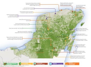 CAMPECHE
YUCATÁN
Campeche
Chetumal
QUINTANA ROO
Una miel local en el mercado
internacional. EDUCE Cooperativa.
Programa de desarrollo integral
comunitario. Fundación
Haciendas del Mundo Maya.
Reserva Biocultural Kaxil Kiuic.
Kaxil Kiuic.
Aprovechamiento forestal sustentable
en el ejido San Agustín. Bioasesores.
Sistemas agrosilvopastoriles en el sur de
Yucatán: rancho Los Potrillos. Nukuch K’áax.
Milpa maya sustentable. Toojil Xíimbal.
Agricultura de conservación y sistemas
silvopastoriles. Pronatura Península de Yucatán.
Pago por Servicios Ambientales y un cambio
de visión, La Mancolona. Iniciativa para el
Desarrollo Integral Comunitario del Sureste.
Manejo forestal sostenible en el sur de la
Península de Yucatán. Iniciativa para el
Desarrollo Integral Comunitario del Sureste.
Restauración forestal en áreas
invadidas con helecho Pteridium
aquilinum. El Machich.
Una alianza de ejidos para el
manejo forestal sostenible.
Trópica Rural Latinoamericana.
Estufas ahorradoras de leña
“Túumben K’óoben”. U’yo’olché.
Estrategia agroecológica y
seguridad alimentaria. U’yo’olché.
Destino turístico Maya Ka’an y
proyectos productivos en la Zona
Maya. Amigos de Sian Ka’an.
Una visión de conectividad
de los ecosistemas.
Reserva Ecológica El Edén.
Módulos agroforestales y restauración
ecológica en la reserva El Zapotal.
Pronatura Península de Yucatán.
Conservación de fauna silvestre en áreas
dedicadas a la ganadería: prevención de
ataques de jaguar. Biocenosis.
Red de reservas privadas
y sociales en la
Península de Yucatán.
Mérida
 
