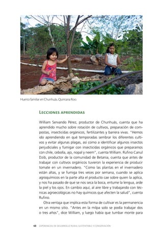 EXPERIENCIAS DE DESARROLLO RURAL SUSTENTABLE Y CONSERVACIÓN40
Lecciones aprendidas
William Servando Pérez, productor de Chunhuás, cuenta que ha
aprendido mucho sobre rotación de cultivos, preparación de com­
postas, insecticidas orgánicos, fertilizantes y barrera vivas. “Hemos
ido aprendiendo en qué temporadas sembrar los diferentes culti­
vos y evitar algunas plagas, así como a identificar algunos insectos
perjudiciales y fumigar con insecticidas orgánicos que preparamos
con chile, cebolla, ajo, nopal y neem”, cuenta William. Rufino Canul
Dzib, productor de la comunidad de Betania, cuenta que antes de
trabajar con cultivos orgánicos tuvieron la experiencia de producir
tomate en un invernadero. “Como las plantas en el invernadero
están altas, y se fumiga tres veces por semana, cuando se aplica
agroquímicos en la parte alta el producto cae sobre quien la aplica,
y nos ha pasado de que se nos seca la boca, entume la lengua, arde
la piel y los ojos. En cambio aquí, al aire libre y trabajando con téc­
nicas agroecológicas no hay químicos que afecten la salud”, cuenta
Rufino.
Otra ventaja que implica esta forma de cultivar es la permanencia
en un mismo sitio. “Antes en la milpa solo se podía trabajar dos
o tres años”, dice William, y luego había que tumbar monte para
Huerto familiar en Chunhuás, Quintana Roo.
 