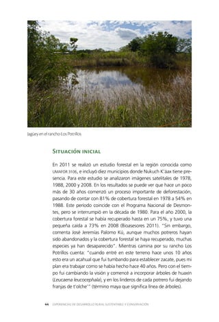 EXPERIENCIAS DE DESARROLLO RURAL SUSTENTABLE Y CONSERVACIÓN44
Situación inicial
En 2011 se realizó un estudio forestal en la región conocida como
UMAFOR 3106, e incluyó diez municipios donde Nukuch K’áax tiene pre­
sencia. Para este estudio se analizaron imágenes satelitales de 1978,
1988, 2000 y 2008. En los resultados se puede ver que hace un poco
más de 30 años comenzó un proceso importante de deforestación,
pasando de contar con 81% de cobertura forestal en 1978 a 54% en
1988. Este período coincide con el Programa Nacional de Desmon­
tes, pero se interrumpió en la década de 1980. Para el año 2000, la
cobertura forestal se había recuperado hasta en un 75%, y tuvo una
pequeña caída a 73% en 2008 (Bioasesores 2011). “Sin embargo,
comenta José Jeremías Palomo Kú, aunque muchos potreros hayan
sido abandonados y la cobertura forestal se haya recuperado, muchas
especies ya han desaparecido”. Mientras camina por su rancho Los
Potrillos cuenta: “cuando entré en este terreno hace unos 10 años
esto era un acahual que fui tumbando para establecer zacate, pues mi
plan era trabajar como se había hecho hace 40 años. Pero con el tiem­
po fui cambiando la visión y comencé a incorporar árboles de huaxín
(Leucaena leucocephala), y en los linderos de cada potrero fui dejando
franjas de t’olche’” (término maya que significa línea de árboles).
Jagüey en el rancho Los Potrillos
 