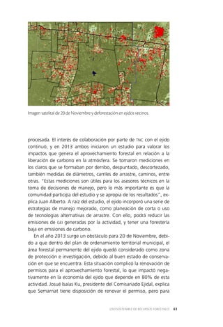 61USO SOSTENIBLE DE RECURSOS FORESTALES
procesada. El interés de colaboración por parte de TNC con el ejido
continuó, y en 2013 ambos iniciaron un estudio para valorar los
impactos que genera el aprovechamiento forestal en relación a la
liberación de carbono en la atmósfera. Se tomaron mediciones en
los claros que se formaban por derribo, despuntado, descortezado,
también medidas de diámetros, carriles de arrastre, caminos, entre
otras. “Estas mediciones son útiles para los asesores técnicos en la
toma de decisiones de manejo, pero lo más importante es que la
comunidad participa del estudio y se apropia de los resultados”, ex­
plica Juan Alberto. A raíz del estudio, el ejido incorporó una serie de
estrategias de manejo mejorado, como planeación de corta o uso
de tecnologías alternativas de arrastre. Con ello, podrá reducir las
emisiones de GEI generadas por la actividad, y tener una forestería
baja en emisiones de carbono.
En el año 2013 surge un obstáculo para 20 de Noviembre, debi­
do a que dentro del plan de ordenamiento territorial municipal, el
área forestal permanente del ejido quedó considerado como zona
de protección e investigación, debido al buen estado de conserva­
ción en que se encuentra. Esta situación complicó la renovación de
permisos para el aprovechamiento forestal, lo que impactó nega­
tivamente en la economía del ejido que depende en 80% de esta
actividad. Josué Isaías Ku, presidente del Comisariado Ejidal, explica
que Semarnat tiene disposición de renovar el permiso, pero para
Imagen satelital de 20 de Noviembre y deforestación en ejidos vecinos.
 