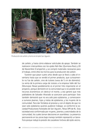 EXPERIENCIAS DE DESARROLLO RURAL SUSTENTABLE Y CONSERVACIÓN68
de carbón, y hasta cómo elaborar solicitudes de apoyo. También se
realizaron intercambios con los ejidos Noh Bec (Quintana Roo) y 20
de Noviembre (Campeche), y se compró materiales necesarios para
el trabajo, entre ellos los hornos para la producción de carbón.
Tuvieron que pasar cuatro años desde que se llevó a cabo el in­
ventario hasta que se vendió el primer producto, que curiosamen­
te no fue de carbón, sino de tutores (varas de 5 cm de diámetro).
La venta de la primera carga de tutores a la empresa Valle del Sur
(Municipio Tekax) posiblemente es el primer hito importante en el
proyecto, porque demostró en la comunidad que sí es posible tener
recursos económicos sin destruir el monte, y eso generó que más
pobladores de Salvador Alvarado se acercaran para participar. Esto
también demostró que no era solo para ejidatarios, y comenzaron
a sumarse jóvenes, hijos y nietos de ejidatarios, y las mujeres de la
comunidad. Para dar fortaleza al proceso y con el objeto de que no
sean solo ejidatarios quienes pudieran trabajar, se conformó la so­
ciedad Productores Forestales de San Agustín, Tekax SPR de RL. Esta
sociedad está conformada por mujeres, jóvenes y avecindados de la
comunidad, los cuales toman decisiones en asambleas. La presencia
permanente en las zonas bajo manejo también representó un bene­
ficio porque redujo la presión de cazadores furtivos del ejido vecino.
Producción de carbón y horno en el ejido San Agustín.
 