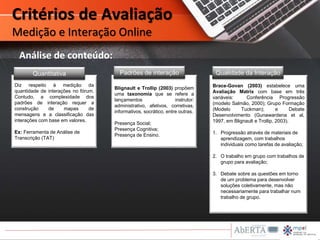 Diz respeito à medição da
quantidade de interações no fórum.
Contudo, a complexidade dos
padrões de interação requer a
construção de mapas de
mensagens e a classificação das
interações com base em valores.
Ex: Ferramenta de Análise de
Transcrição (TAT)
Análise de conteúdo:
Quantitativa
Blignault e Trollip (2003) propõem
uma taxonomia que se refere a
lançamentos instrutor:
administrativo, afetivos, corretivas,
informativos, socrático, entre outras.
Presença Social;
Presença Cognitiva;
Presença de Ensino.
Padrões de interação
Brace-Govan (2003) estabelece uma
Avaliação Matrix com base em três
variáveis: Conferência Progressão
(modelo Salmão, 2000); Grupo Formação
(Modelo Tuckman); e Debate
Desenvolvimento (Gunawardena et al,
1997, em Blignault e Trollip, 2003).
1. Progressão através de materiais de
aprendizagem, com trabalhos
individuais como tarefas de avaliação;
2. O trabalho em grupo com trabalhos de
grupo para avaliação;
3. Debate sobre as questões em torno
de um problema para desenvolver
soluções coletivamente, mas não
necessariamente para trabalhar num
trabalho de grupo.
Qualidade da Interação
Critérios de Avaliação
Medição e Interação Online
 