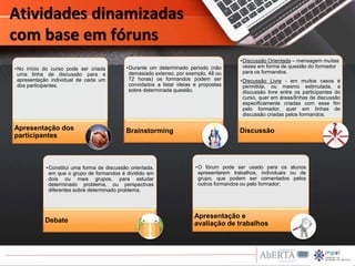 •No início do curso pode ser criada
uma linha de discussão para a
apresentação individual de cada um
dos participantes.
Apresentação dos
participantes
•Durante um determinado período (não
demasiado extenso, por exemplo, 48 ou
72 horas) os formandos podem ser
convidados a listar ideias e propostas
sobre determinada questão.
Brainstorming
•Discussão Orientada – mensagem muitas
vezes em forma de questão do formador
para os formandos.
•Discussão Livre - em muitos casos é
permitida, ou mesmo estimulada, a
discussão livre entre os participantes do
curso, quer em áreas/linhas de discussão
especificamente criadas com esse fim
pelo formador, quer em linhas de
discussão criadas pelos formandos.
Discussão
•Constitui uma forma de discussão orientada,
em que o grupo de formandos é dividido em
dois ou mais grupos, para estudar
determinado problema, ou perspectivas
diferentes sobre determinado problema.
Debate
•O fórum pode ser usado para os alunos
apresentarem trabalhos, individuais ou de
grupo, que podem ser comentados pelos
outros formandos ou pelo formador;
Apresentação e
avaliação de trabalhos
Atividades dinamizadas
com base em fóruns
 