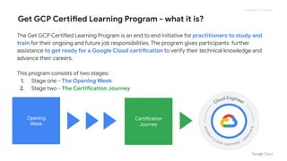 Proprietary + Confidential
Get GCP Certified Learning Program - what it is?
The Get GCP Certified Learning Program is an end to end initiative for practitioners to study and
train for their ongoing and future job responsibilities. The program gives participants further
assistance to get ready for a Google Cloud certification to verify their technical knowledge and
advance their careers.
This program consists of two stages:
1. Stage one - The Opening Week
2. Stage two - The Certification Journey
Opening
Week
Certification
Journey
 