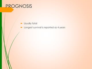 PROGNOSIS

 Usually fatal
 Longest survival is reported as 4 years

 
