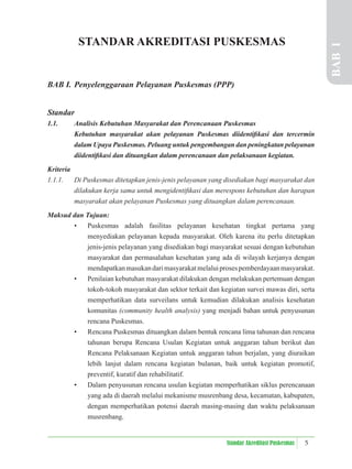 5
Standar Akreditasi Puskesmas
STANDAR AKREDITASI PUSKESMAS
BAB I. Penyelenggaraan Pelayanan Puskesmas (PPP)
Standar
1.1. Analisis Kebutuhan Masyarakat dan Perencanaan Puskesmas
Kebutuhan masyarakat akan pelayanan Puskesmas diidentiﬁkasi dan tercermin
dalam Upaya Puskesmas. Peluang untuk pengembangan dan peningkatan pelayanan
diidentiﬁkasi dan dituangkan dalam perencanaan dan pelaksanaan kegiatan.
Kriteria
1.1.1. Di Puskesmas ditetapkan jenis-jenis pelayanan yang disediakan bagi masyarakat dan
dilakukan kerja sama untuk mengidentiﬁkasi dan merespons kebutuhan dan harapan
masyarakat akan pelayanan Puskesmas yang dituangkan dalam perencanaan.
Maksud dan Tujuan:
• Puskesmas adalah fasilitas pelayanan kesehatan tingkat pertama yang
menyediakan pelayanan kepada masyarakat. Oleh karena itu perlu ditetapkan
jenis-jenis pelayanan yang disediakan bagi masyarakat sesuai dengan kebutuhan
masyarakat dan permasalahan kesehatan yang ada di wilayah kerjanya dengan
mendapatkanmasukandarimasyarakatmelaluiprosespemberdayaanmasyarakat.
• Penilaian kebutuhan masyarakat dilakukan dengan melakukan pertemuan dengan
tokoh-tokoh masyarakat dan sektor terkait dan kegiatan survei mawas diri, serta
memperhatikan data surveilans untuk kemudian dilakukan analisis kesehatan
komunitas (community health analysis) yang menjadi bahan untuk penyusunan
rencana Puskesmas.
• Rencana Puskesmas dituangkan dalam bentuk rencana lima tahunan dan rencana
tahunan berupa Rencana Usulan Kegiatan untuk anggaran tahun berikut dan
Rencana Pelaksanaan Kegiatan untuk anggaran tahun berjalan, yang diuraikan
lebih lanjut dalam rencana kegiatan bulanan, baik untuk kegiatan promotif,
preventif, kuratif dan rehabilitatif.
• Dalam penyusunan rencana usulan kegiatan memperhatikan siklus perencanaan
yang ada di daerah melalui mekanisme musrenbang desa, kecamatan, kabupaten,
dengan memperhatikan potensi daerah masing-masing dan waktu pelaksanaan
musrenbang.
BAB
I
 