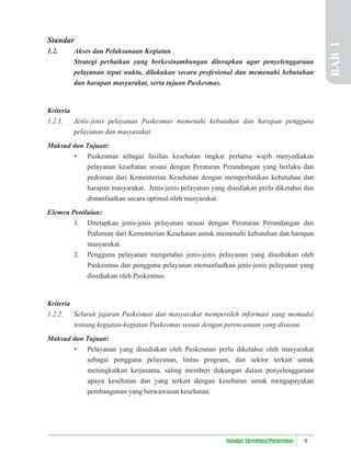 9
Standar Akreditasi Puskesmas
Standar
1.2. Akses dan Pelaksanaan Kegiatan
Strategi perbaikan yang berkesinambungan diterapkan agar penyelenggaraan
pelayanan tepat waktu, dilakukan secara profesional dan memenuhi kebutuhan
dan harapan masyarakat, serta tujuan Puskesmas.
Kriteria
1.2.1. Jenis-jenis pelayanan Puskesmas memenuhi kebutuhan dan harapan pengguna
pelayanan dan masyarakat.
Maksud dan Tujuan:
• Puskesmas sebagai fasiltas kesehatan tingkat pertama wajib menyediakan
pelayanan kesehatan sesuai dengan Peraturan Perundangan yang berlaku dan
pedoman dari Kementerian Kesehatan dengan memperhatikan kebutuhan dan
harapan masyarakat. Jenis-jenis pelayanan yang disediakan perlu diketahui dan
dimanfaatkan secara optimal oleh masyarakat.
Elemen Penilaian:
1. Ditetapkan jenis-jenis pelayanan sesuai dengan Peraturan Perundangan dan
Pedoman dari Kementerian Kesehatan untuk memenuhi kebutuhan dan harapan
masyarakat.
2. Pengguna pelayanan mengetahui jenis-jenis pelayanan yang disediakan oleh
Puskesmas dan pengguna pelayanan memanfaatkan jenis-jenis pelayanan yang
disediakan oleh Puskesmas.
Kriteria
1.2.2. Seluruh jajaran Puskesmas dan masyarakat memperoleh informasi yang memadai
tentang kegiatan-kegiatan Puskesmas sesuai dengan perencanaan yang disusun.
Maksud dan Tujuan:
• Pelayanan yang disediakan oleh Puskesmas perlu diketahui oleh masyarakat
sebagai pengguna pelayanan, lintas program, dan sektor terkait untuk
meningkatkan kerjasama, saling memberi dukungan dalam penyelenggaraan
upaya kesehatan dan yang terkait dengan kesehatan untuk mengupayakan
pembangunan yang berwawasan kesehatan.
BAB
I
 